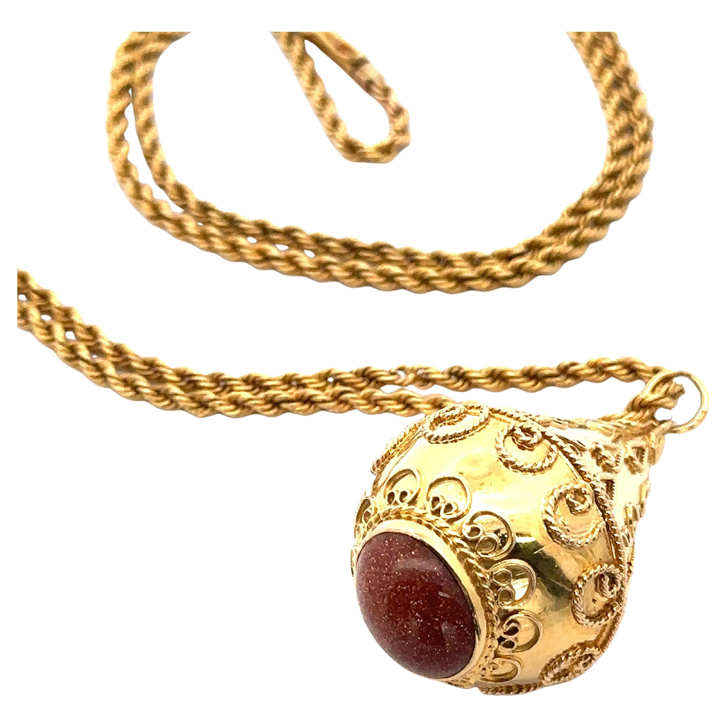 Vintage Etruscan Revival 18k Gold Goldstone Ornate Amulet Pendant Necklace For Sale