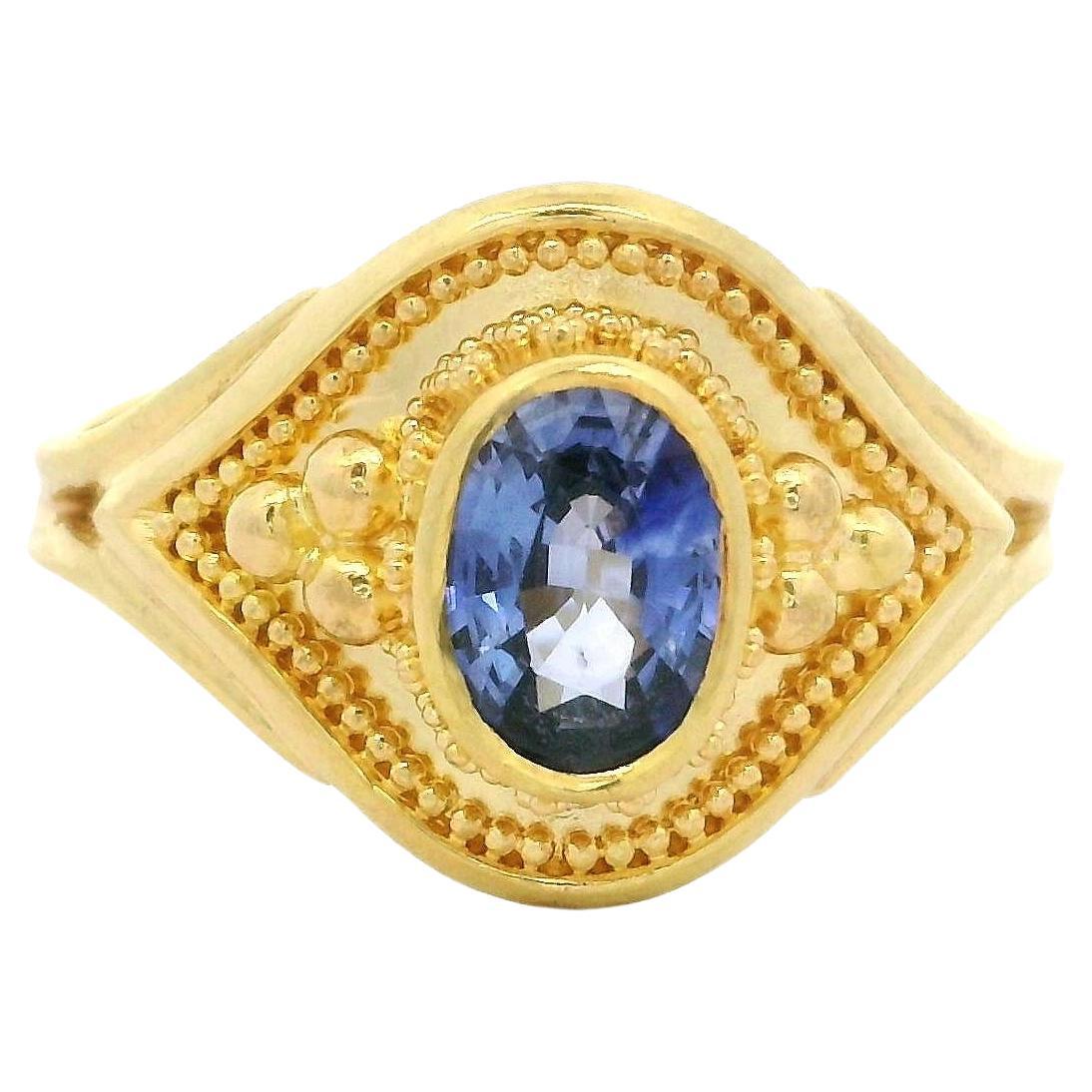 Vintage Etruscan Revival 18k Yellow Gold 1.05ct Bezel Sapphire Solitaire Ring