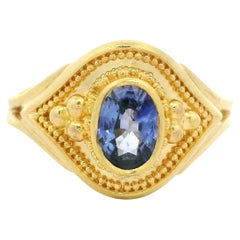 Vintage Etruscan Revival 18k Yellow Gold 1.05ct Bezel Sapphire Solitaire Ring