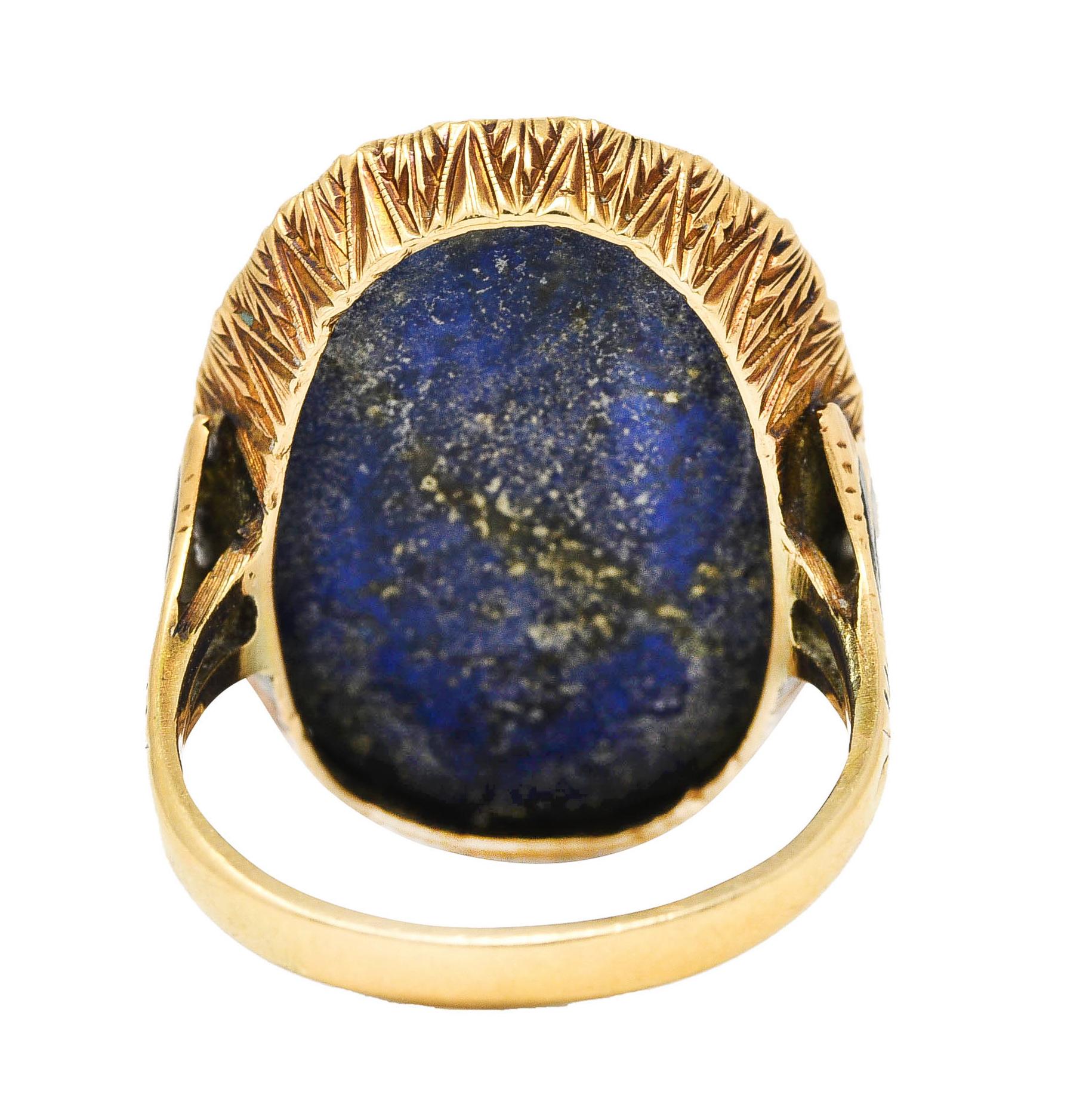 Oval Cut Vintage Etruscan Revival Lapis Lazuli 14 Karat Yellow Gold Scarab Antique Ring
