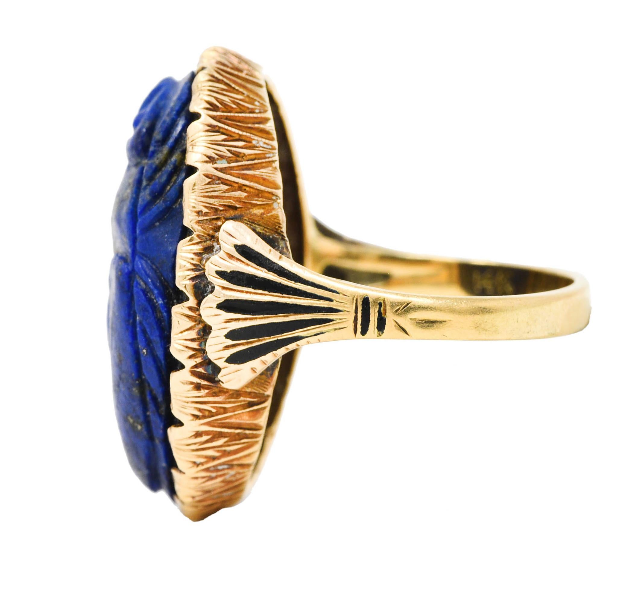Vintage Etruscan Revival Lapis Lazuli 14 Karat Yellow Gold Scarab Antique Ring In Excellent Condition In Philadelphia, PA