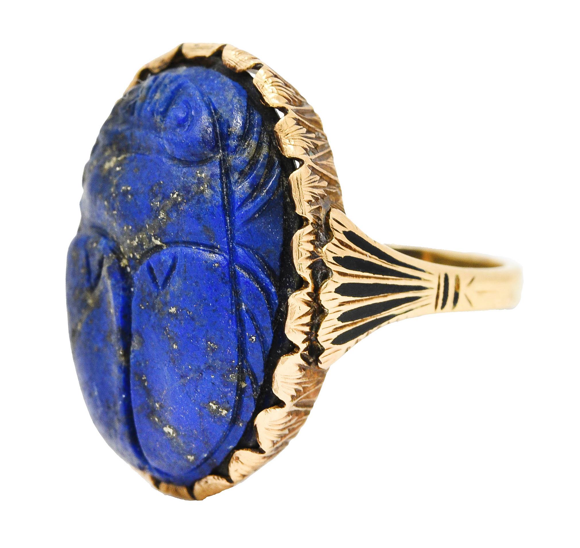 Women's or Men's Vintage Etruscan Revival Lapis Lazuli 14 Karat Yellow Gold Scarab Antique Ring