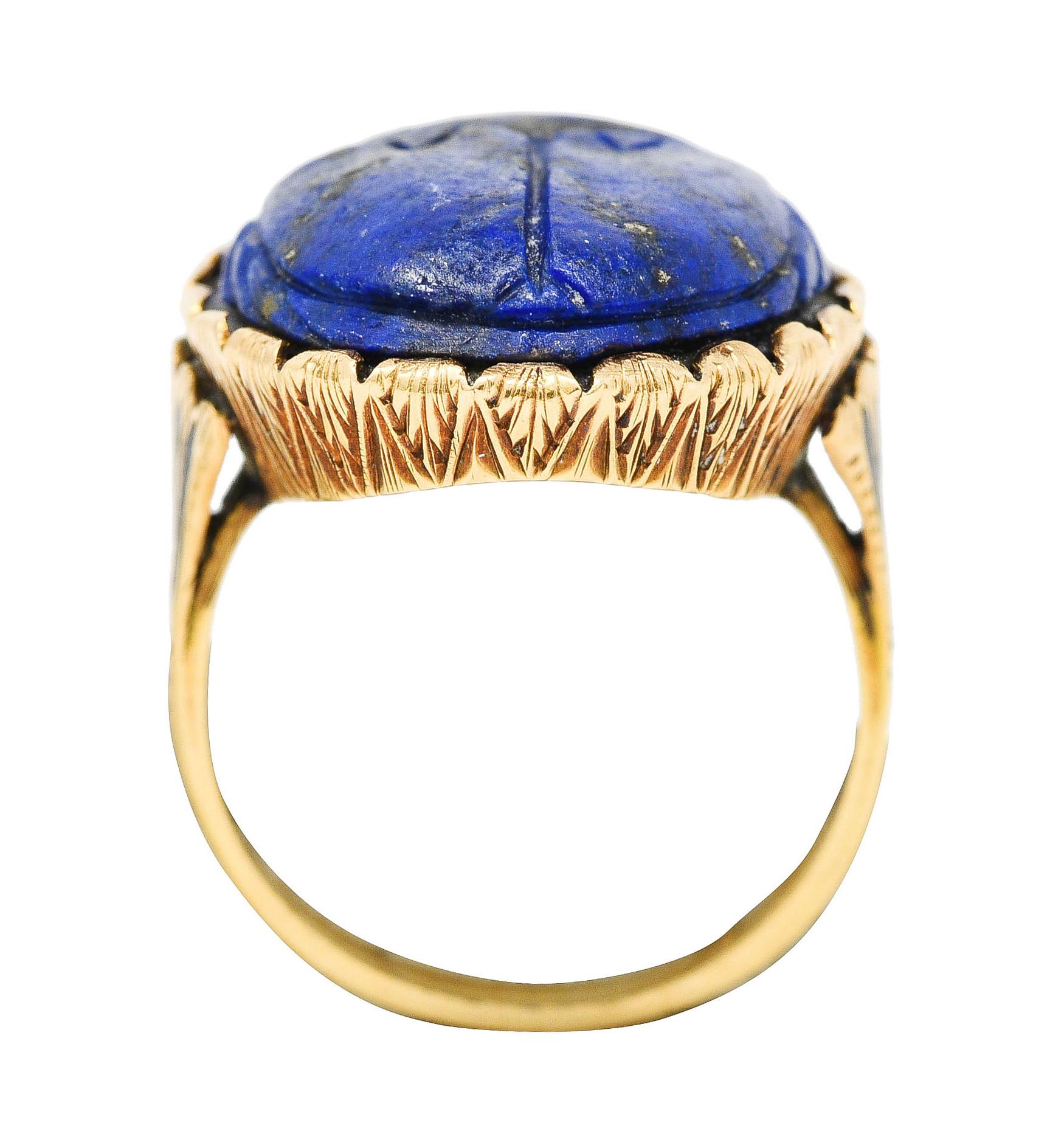 Vintage Etruscan Revival Lapis Lazuli 14 Karat Yellow Gold Scarab Antique Ring 2
