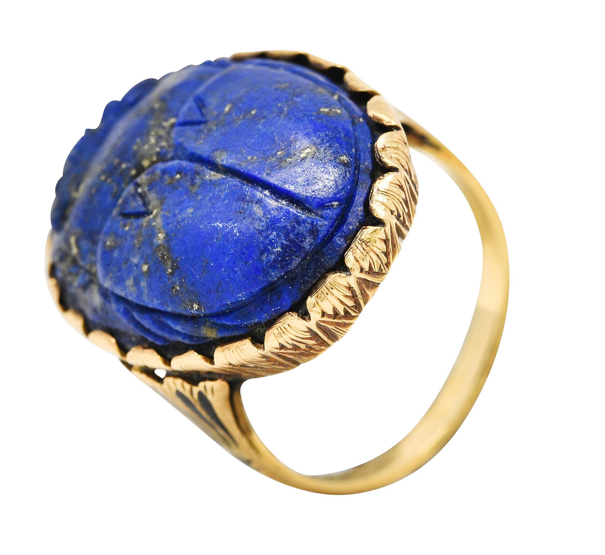 Vintage Etruscan Revival Lapis Lazuli 14 Karat Yellow Gold Scarab Antique Ring 3