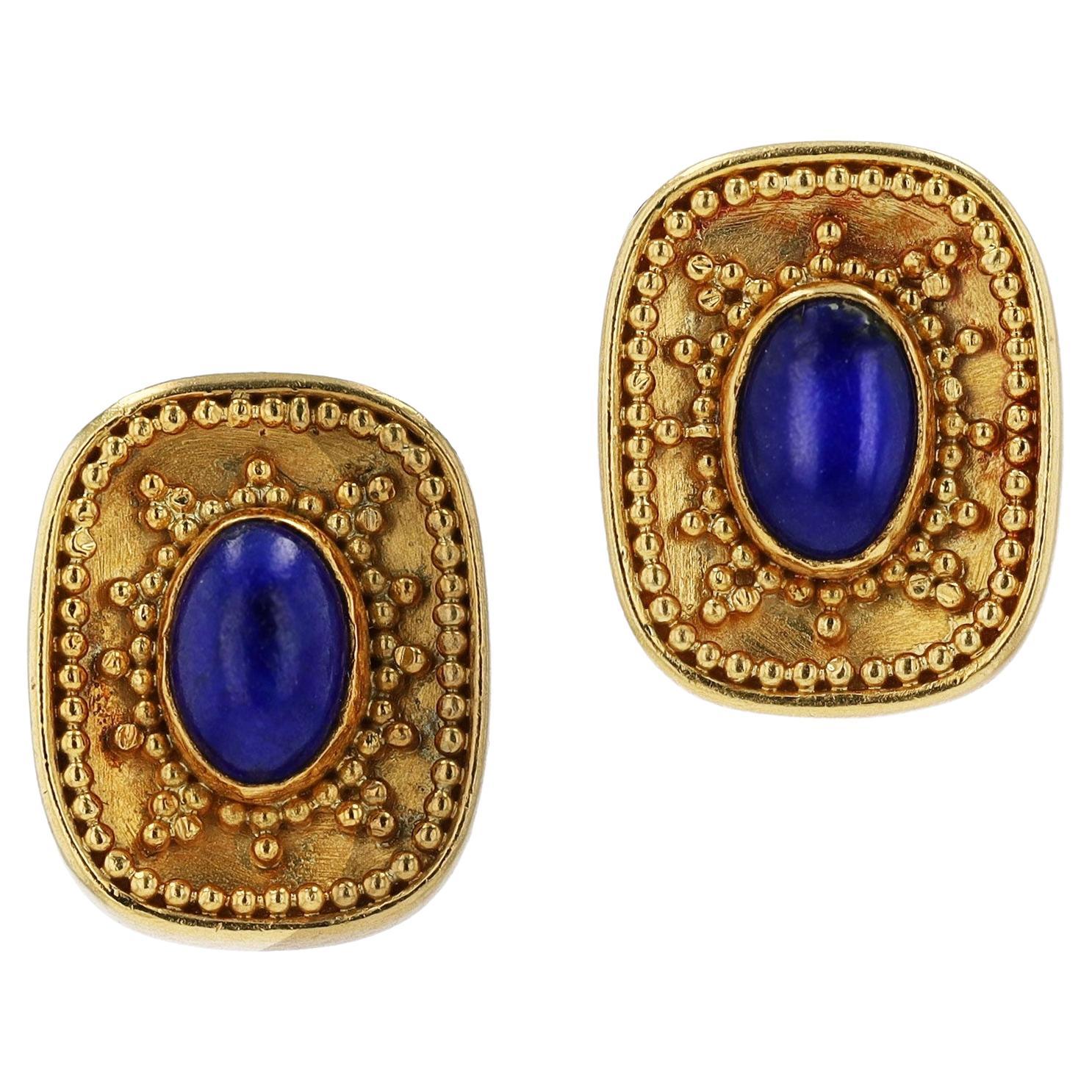 Vintage Etruscan Revival Lapis Lazuli High Karat Gold Stud Earrings