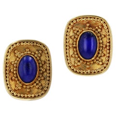 Boucles d'oreilles vintage Revive étrusque Lapis Lazuli Or Haute Qualité Karat