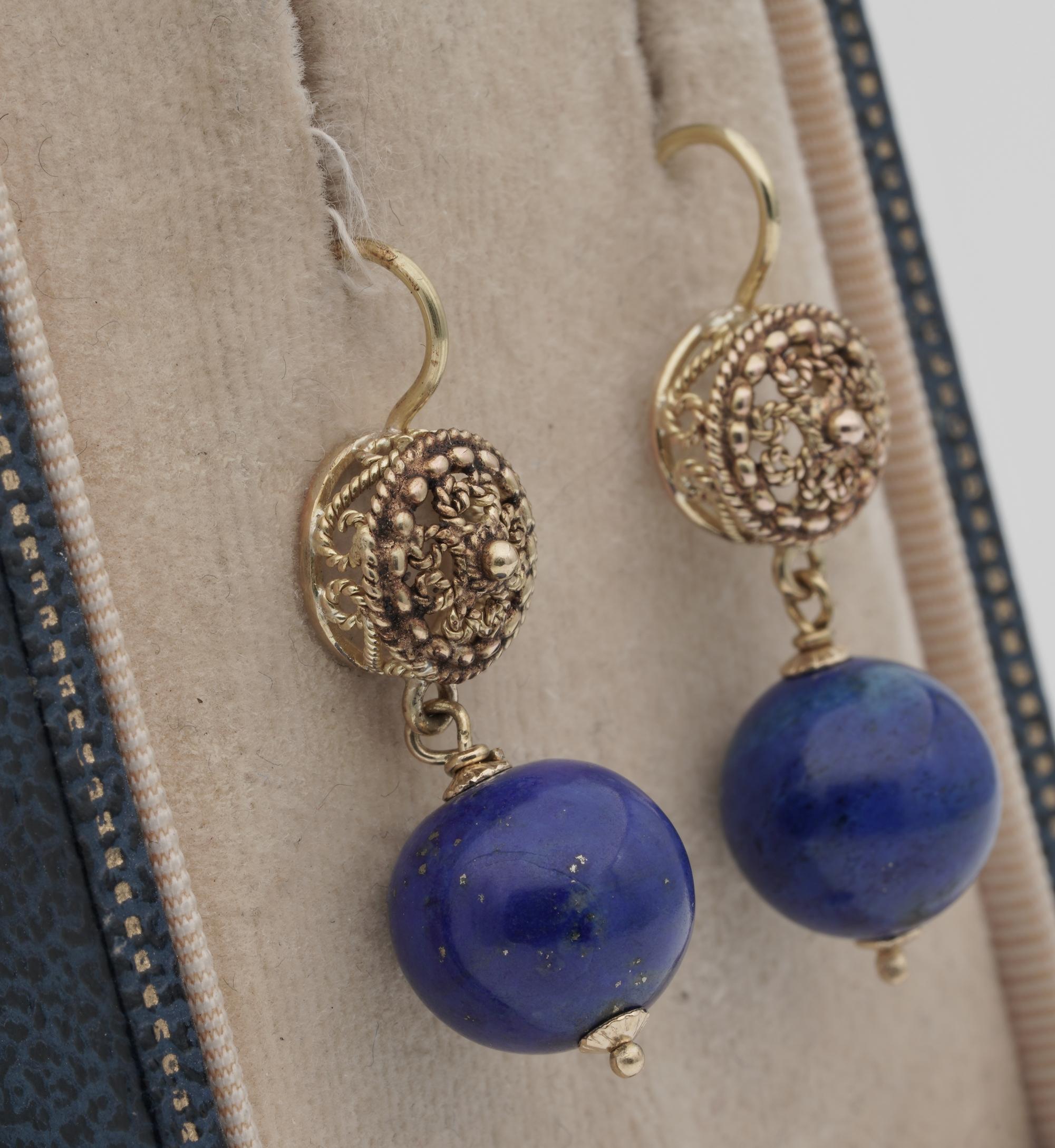 The Charming Blue

Eye catching and chic pair of mid century 14 Kt gold earrings in the ever loved Etruscan Revival
Round top hand crafted of fine granulation work, inspired from those works of ancient world, linked to a fantastic Blue Natural Lapis