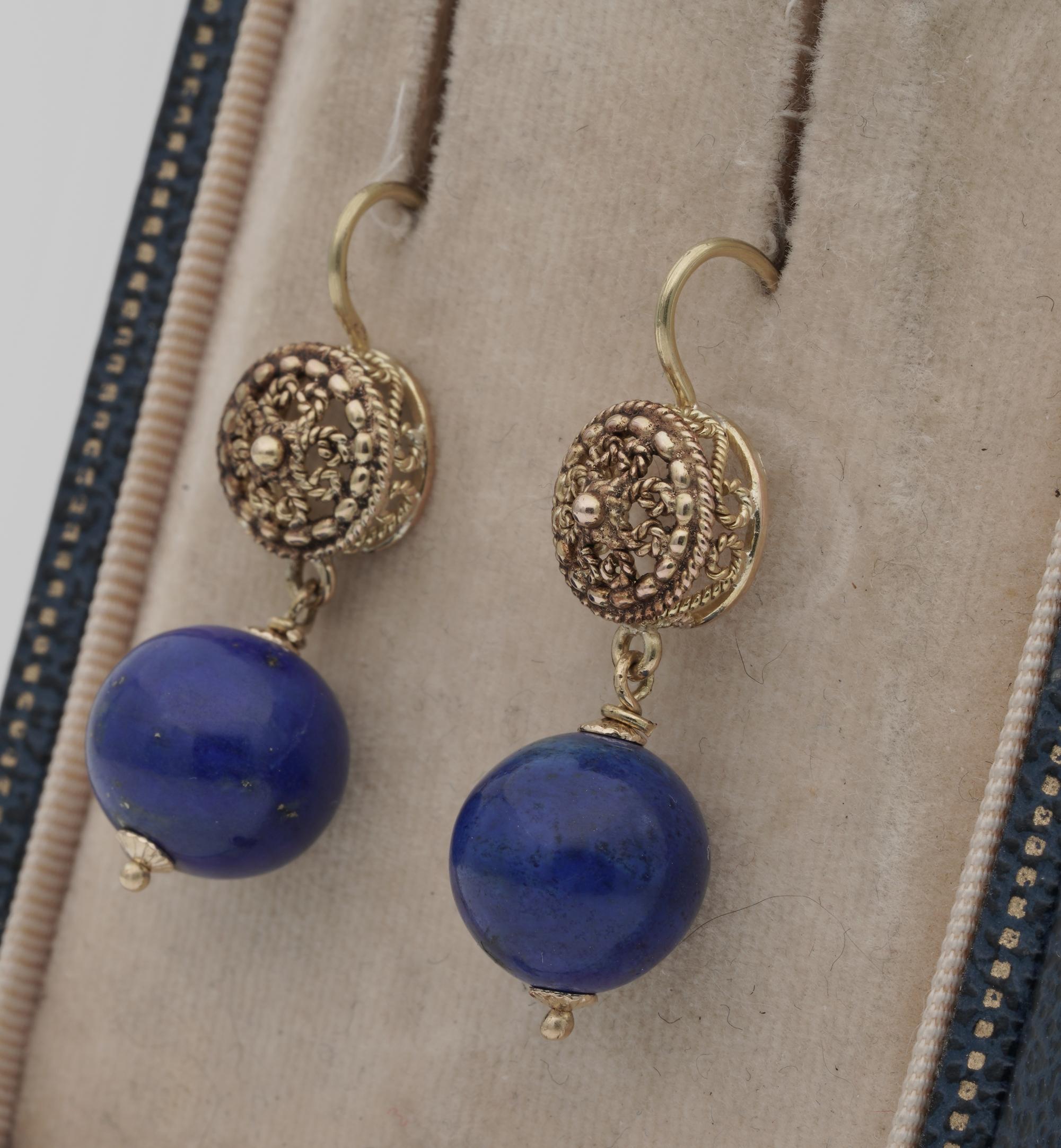 Bead Vintage Etruscan Revival Lapis Lazuli Swing Earrings, circa 1950