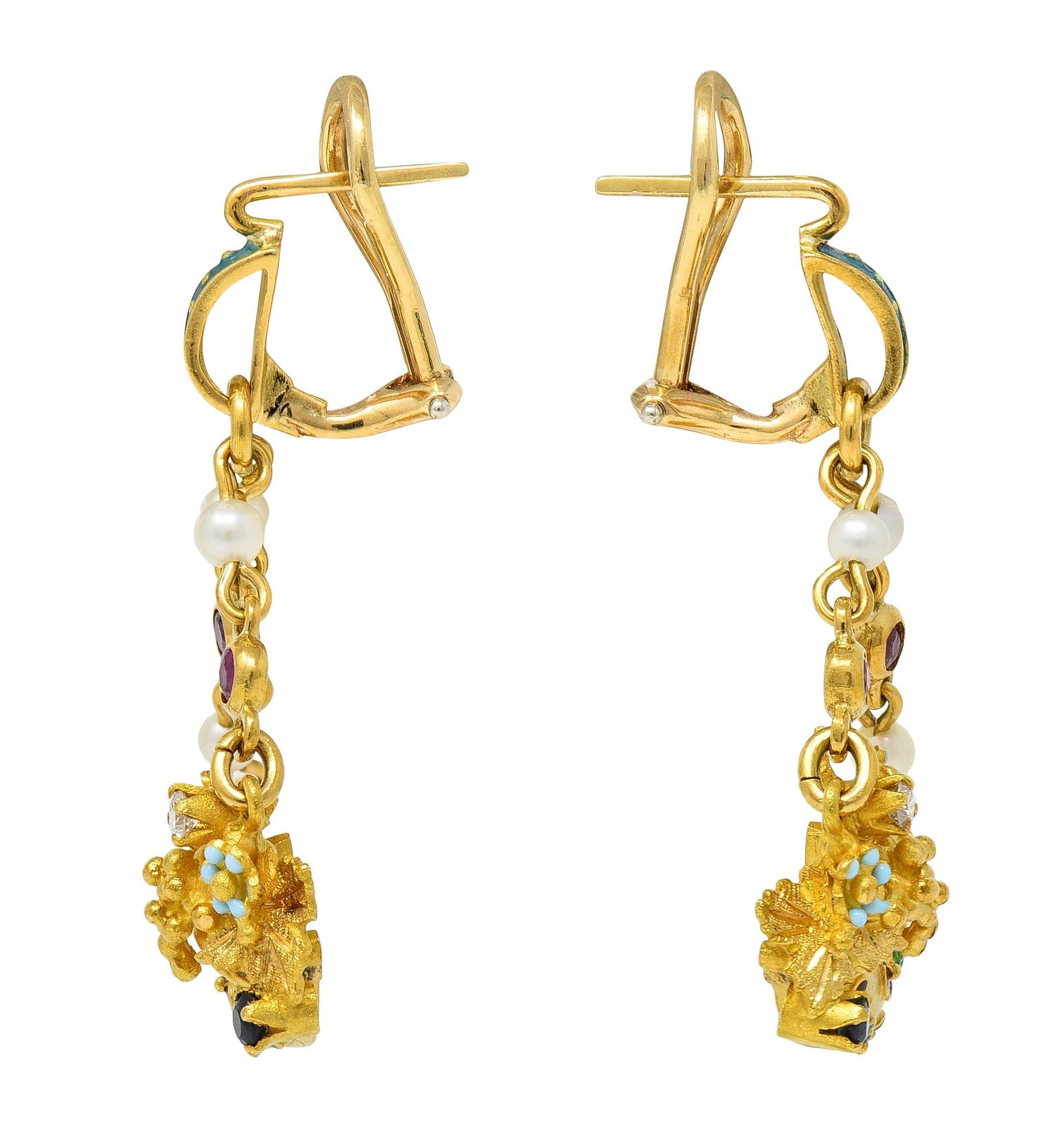 Round Cut Vintage Etruscan Revival Multi-Gem Enamel 18 Karat Gold Cornucopia Earrings For Sale