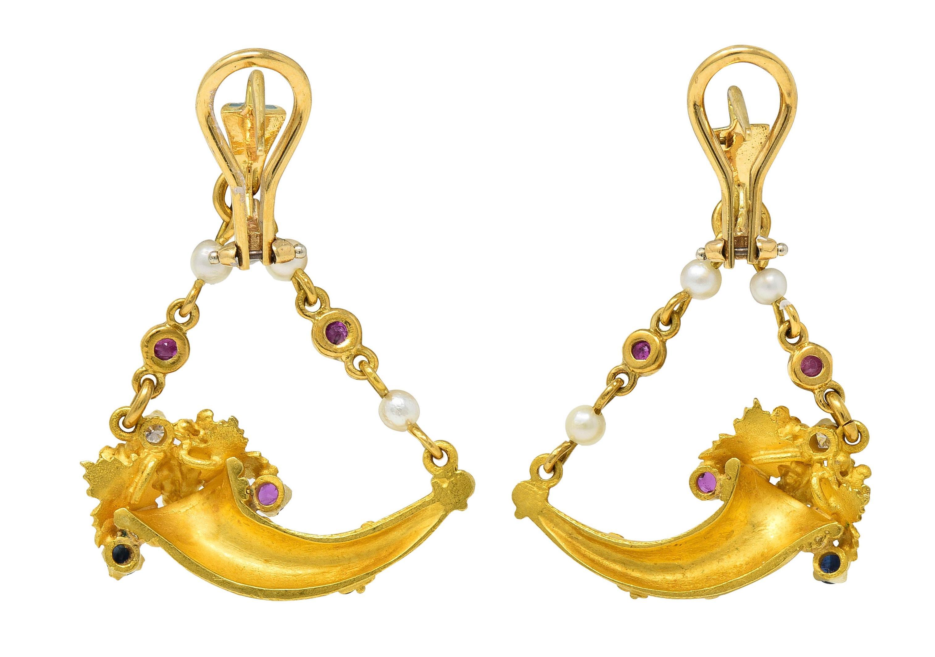 Vintage Etruscan Revival Multi-Gem Enamel 18 Karat Gold Cornucopia Earrings In Excellent Condition For Sale In Philadelphia, PA