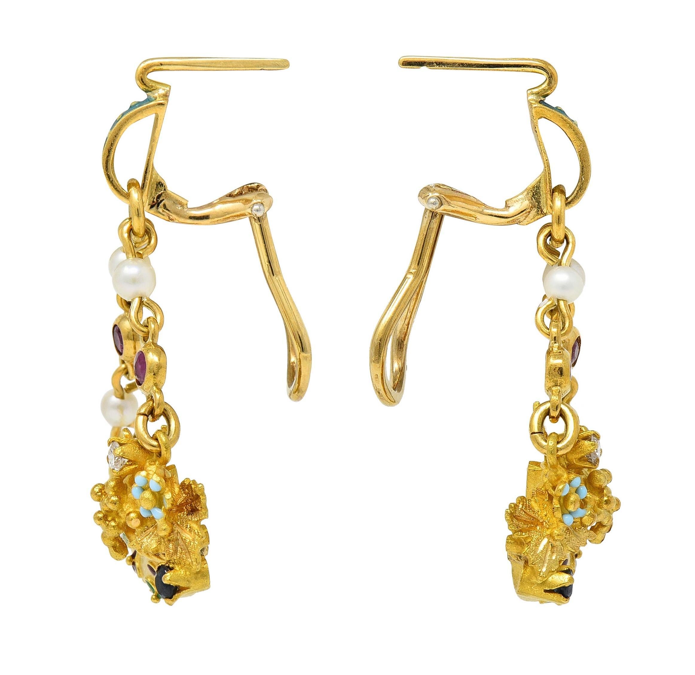 Women's or Men's Vintage Etruscan Revival Multi-Gem Enamel 18 Karat Gold Cornucopia Earrings For Sale
