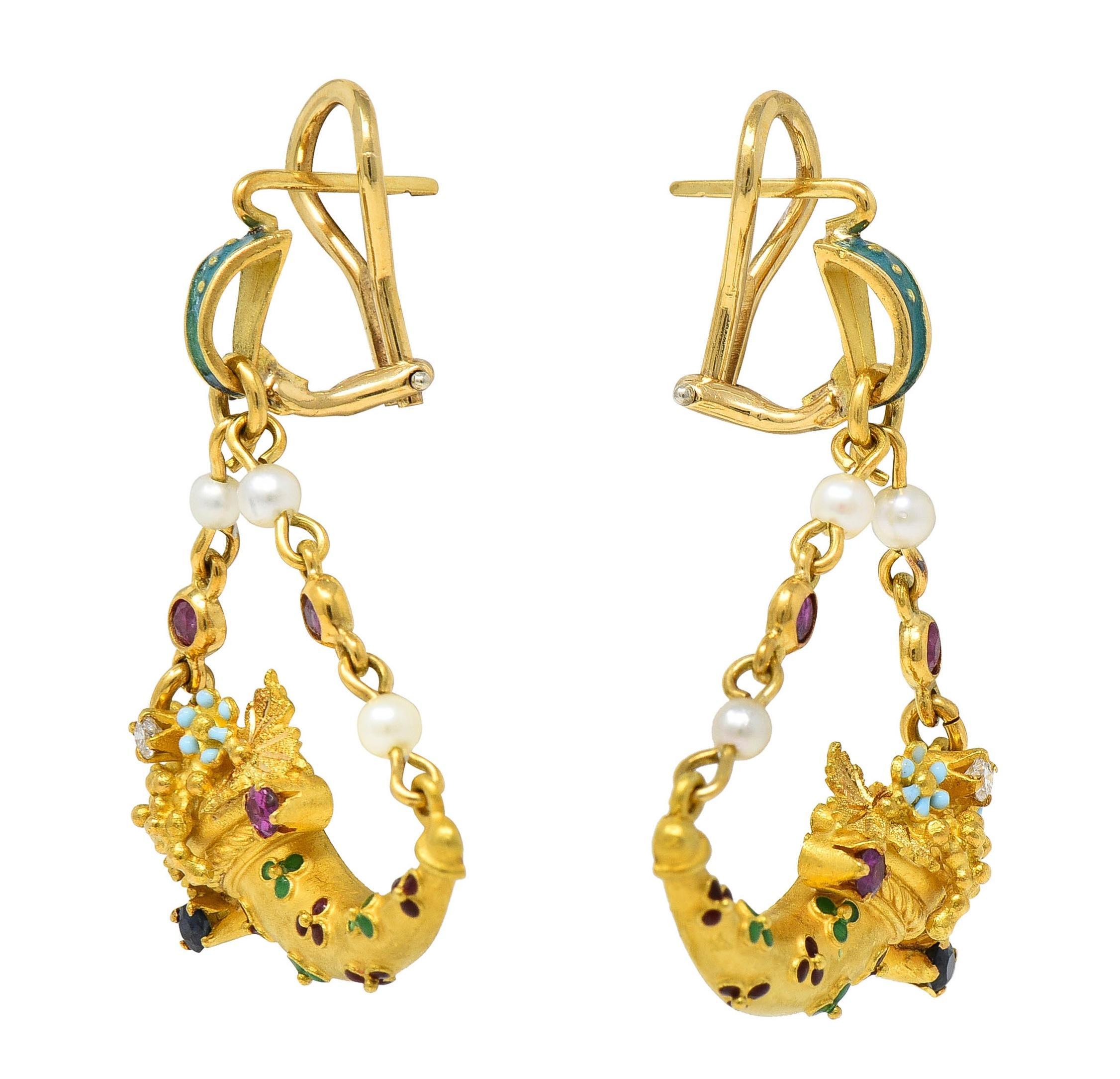 Vintage Etruscan Revival Multi-Gem Enamel 18 Karat Gold Cornucopia Earrings For Sale 2