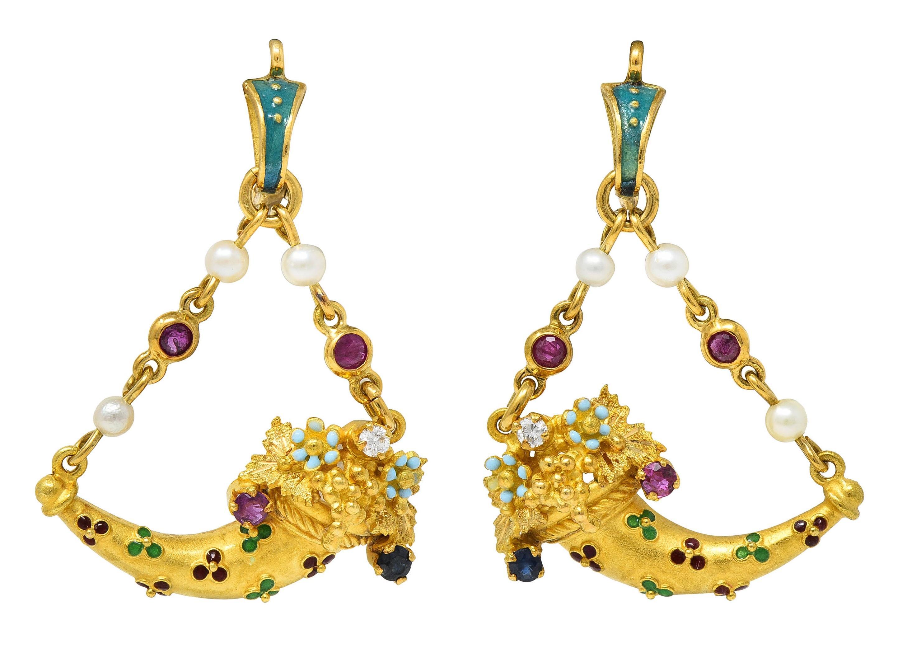 Vintage Etruscan Revival Multi-Gem Enamel 18 Karat Gold Cornucopia Earrings For Sale