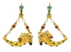 Vintage Etruscan Revival Multi-Gem Enamel 18 Karat Gold Cornucopia Earrings
