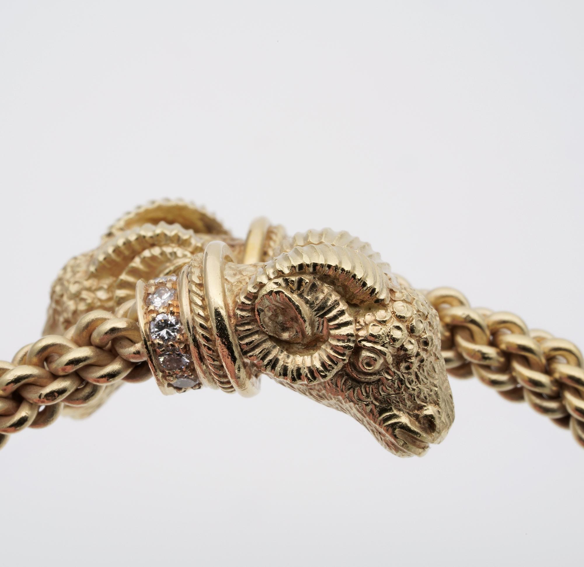 Women's or Men's Vintage Etruscan Revival Ram Head Diamond Massive 18 Karat Gold For Sale