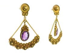 Vintage Etruscan Revival Solid Yellow Gold Amethyst Fan Dangle Drop Earrings