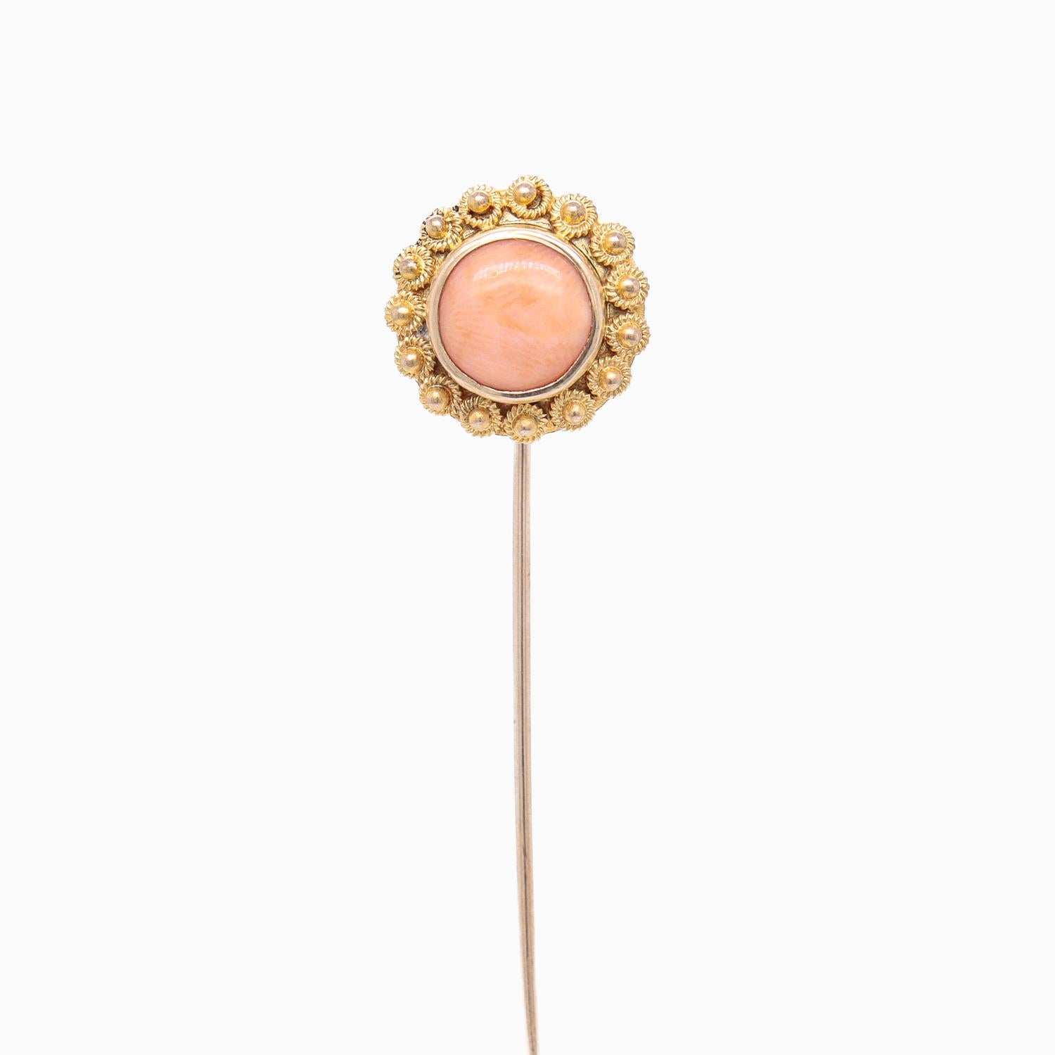 Round Cut Vintage Etruscan Revival Style 14k Gold & Pink Coral Cabochon Stickpin For Sale