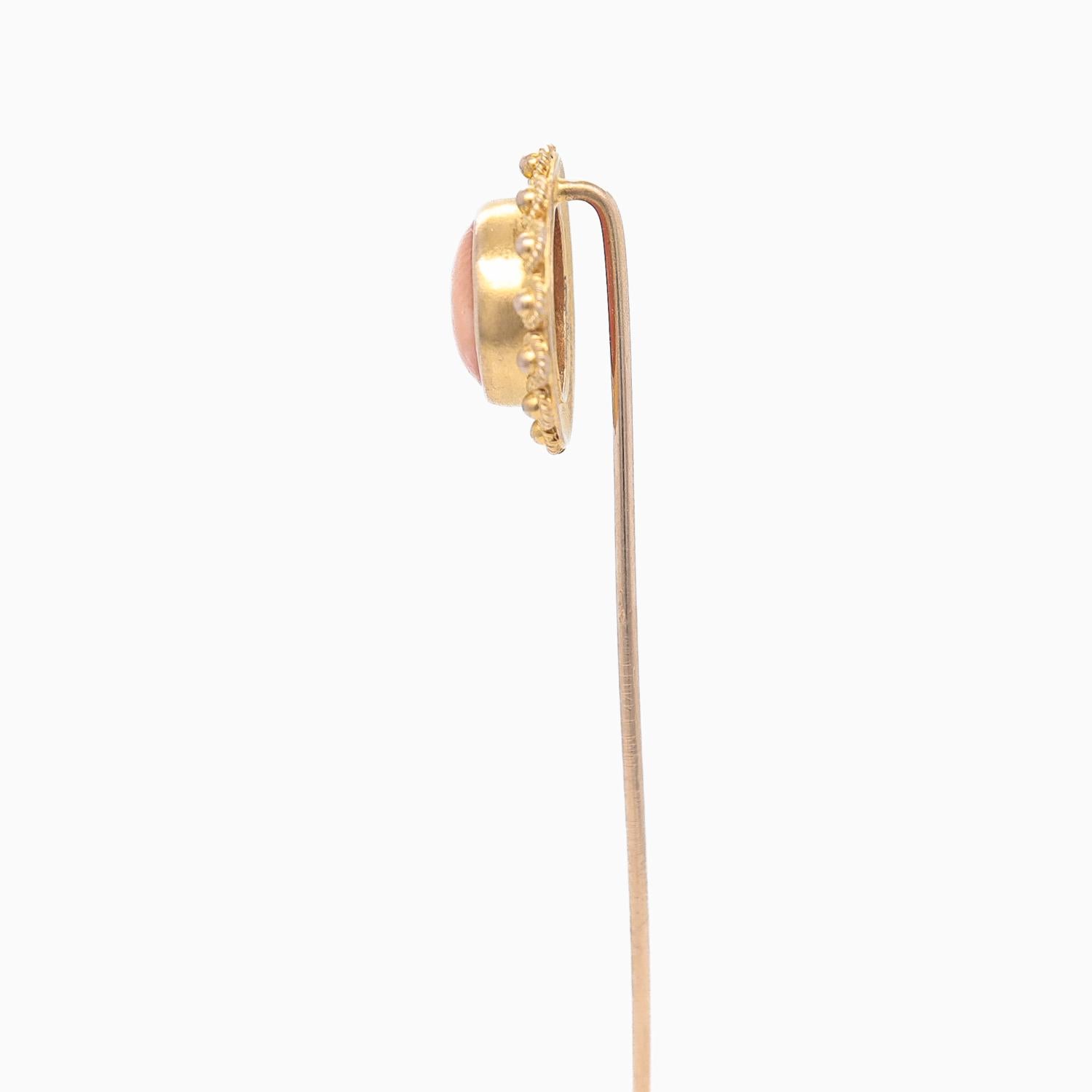 Women's or Men's Vintage Etruscan Revival Style 14k Gold & Pink Coral Cabochon Stickpin For Sale