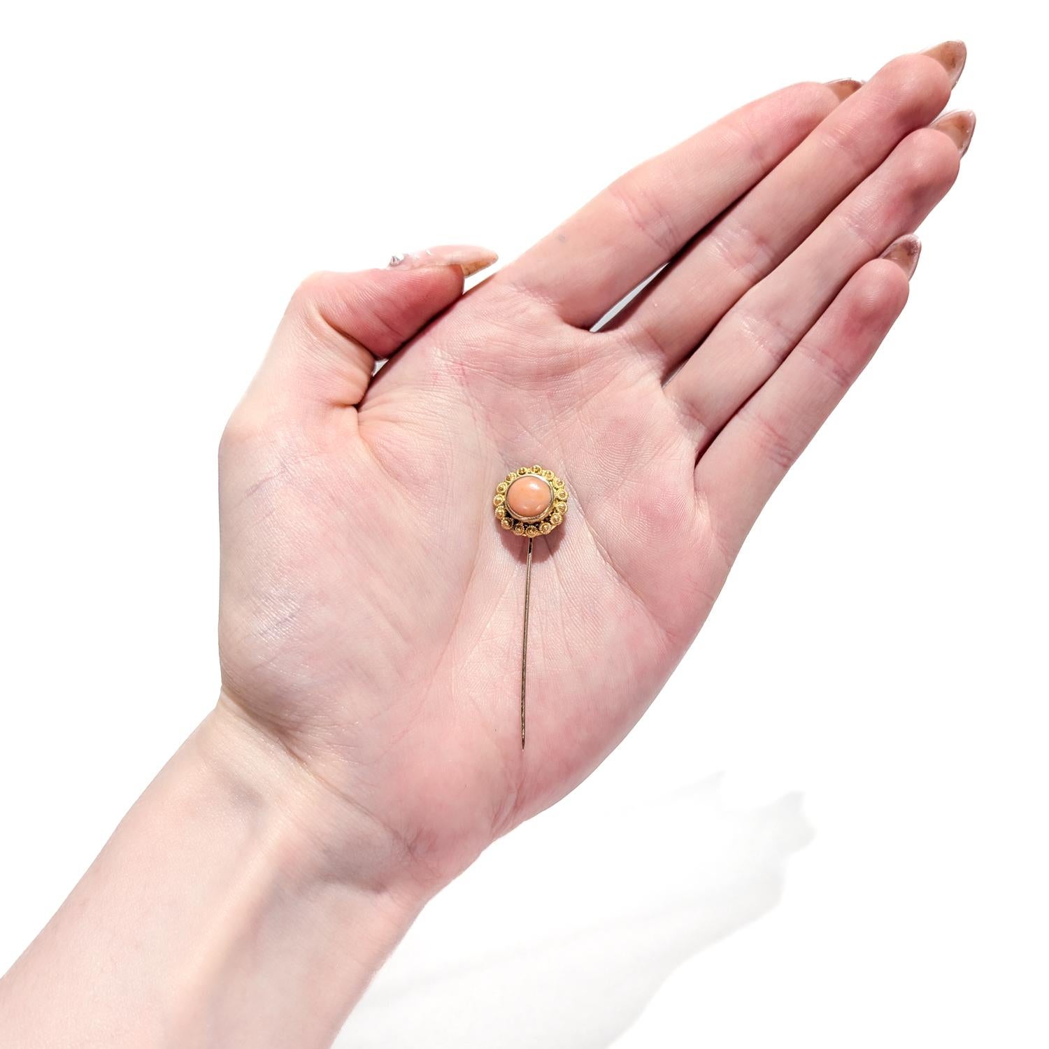 Vintage Etruscan Revival Style 14k Gold & Pink Coral Cabochon Stickpin For Sale 3