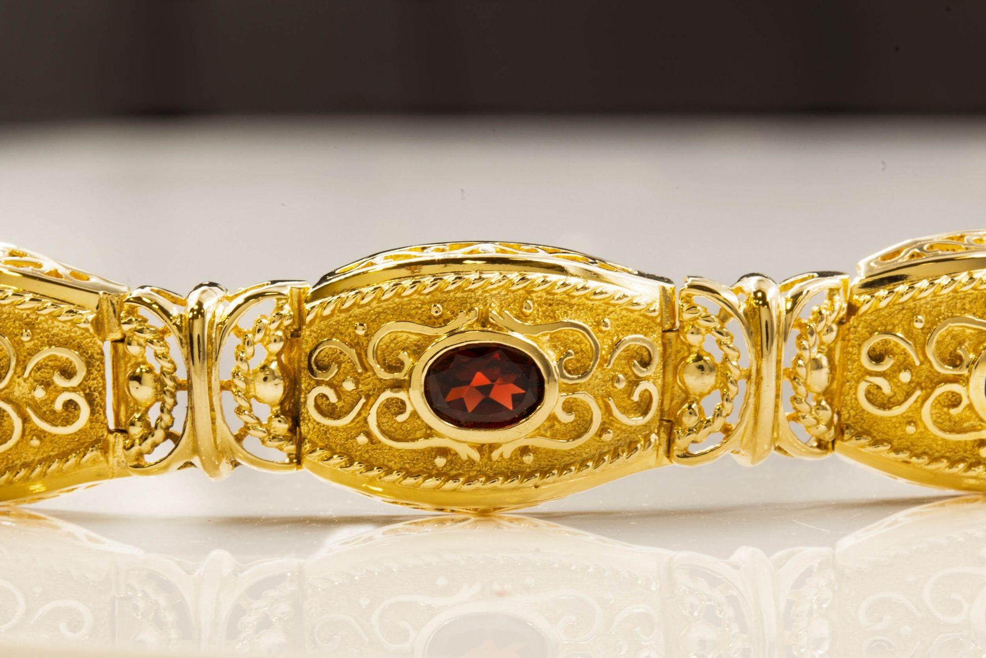 Vintage Etruscan Revival Style 14k Yellow Gold and Garnet Bracelet For Sale 6