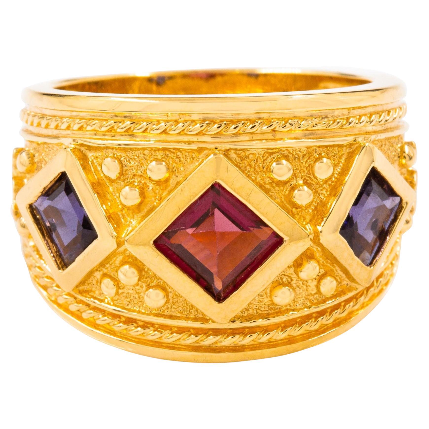 Vintage-Ring aus 14 Karat Gelbgold und Edelsteinen im etruskischen Revival-Stil, Größe 8