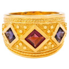 Vintage Etruscan Revival Style 14k Yellow Gold and Gemstone Ring, Size 8