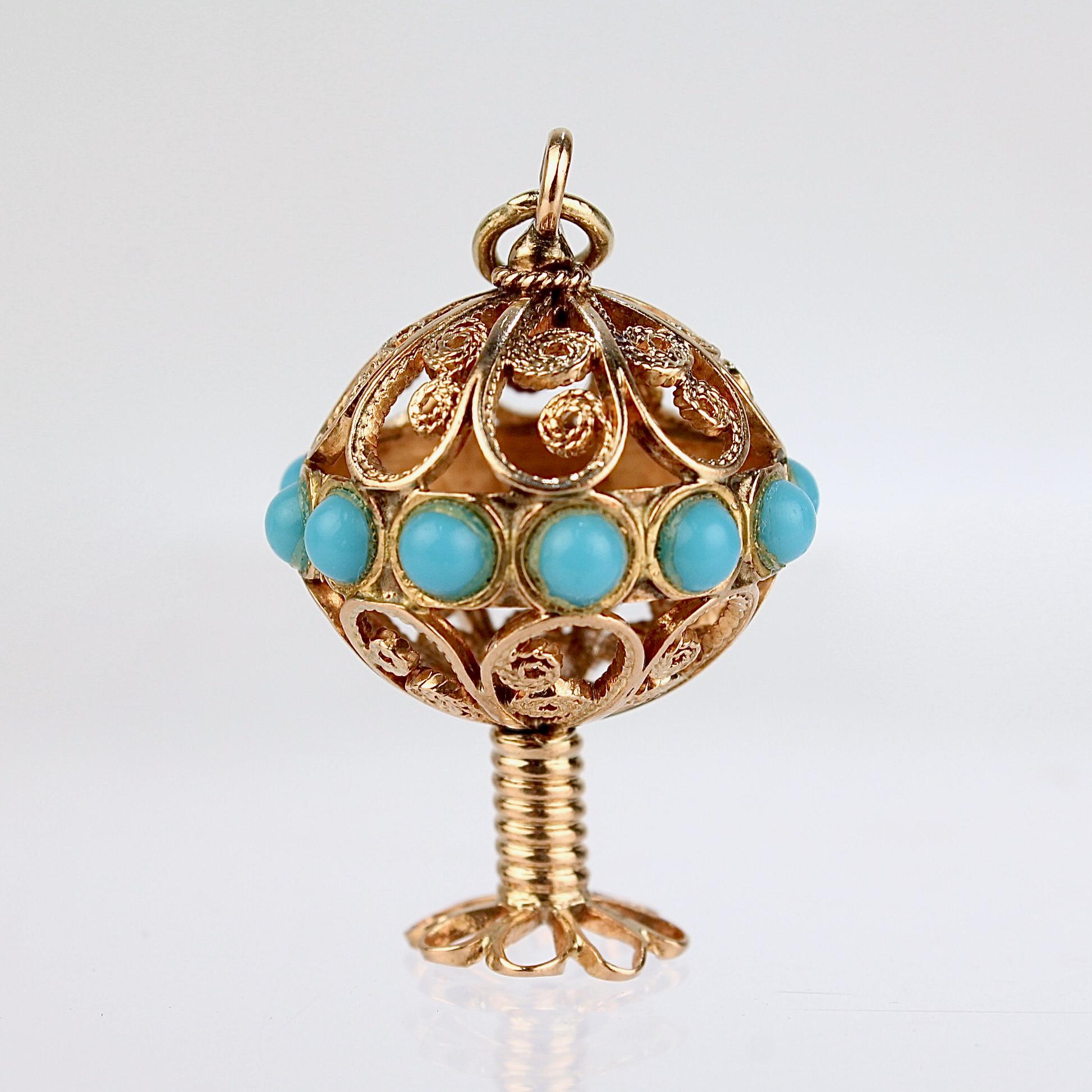 Round Cut Vintage Etruscan Revival Style 18k Gold & Turquoise Charm or Pendant For Sale
