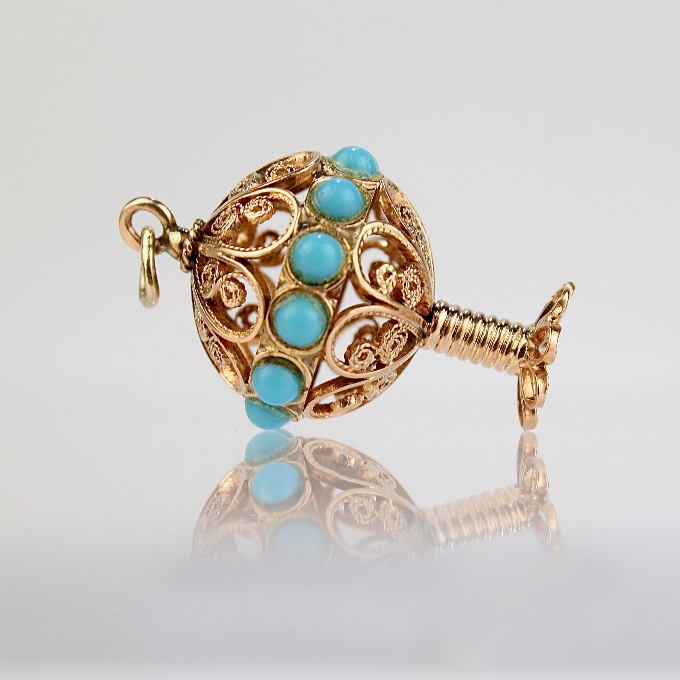 Vintage Etruscan Revival Style 18k Gold & Turquoise Charm or Pendant In Good Condition For Sale In Philadelphia, PA