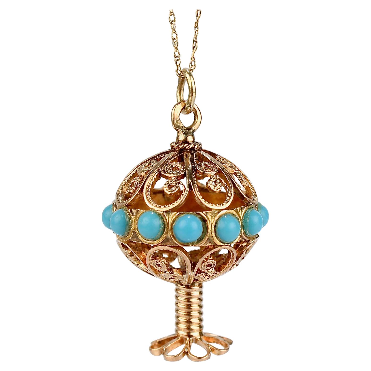 Vintage Etruscan Revival Style 18k Gold & Turquoise Charm or Pendant