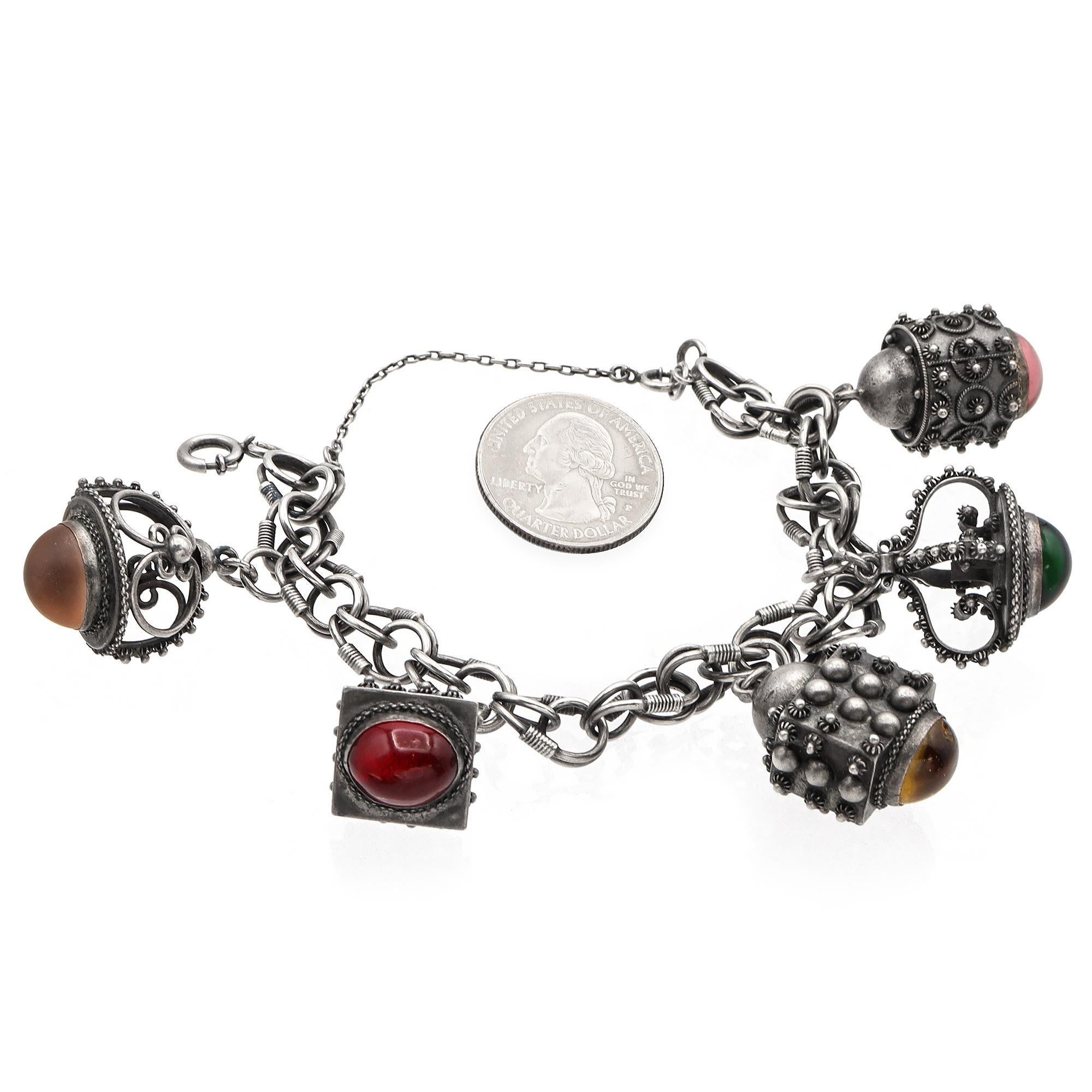 Women's or Men's Vintage Etruscan Sterling Silver 5 Charm Bracelet