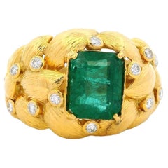 Antique Etruscan-Style 18K Gold Emerald and Diamond Ring