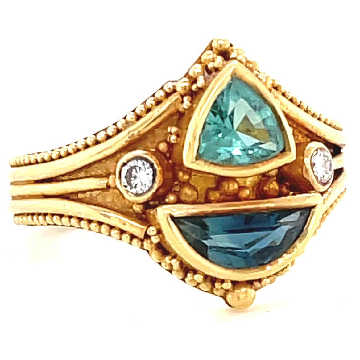 Round Cut Vintage Etruscan Style Diamond Sapphire Gold Ring
