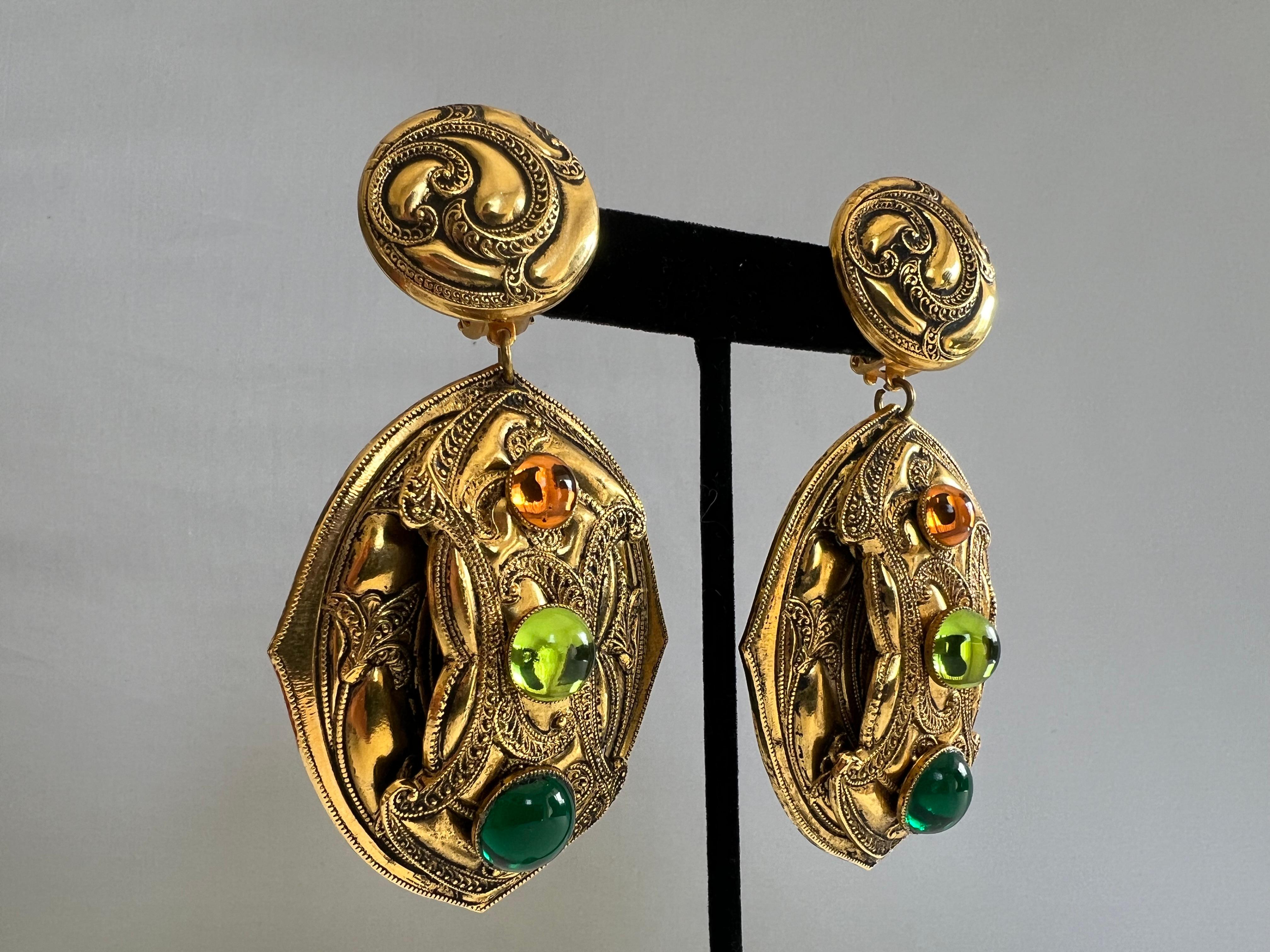 Etruscan Revival Vintage Etruscan Style Gilt Jeweled Earrings  For Sale