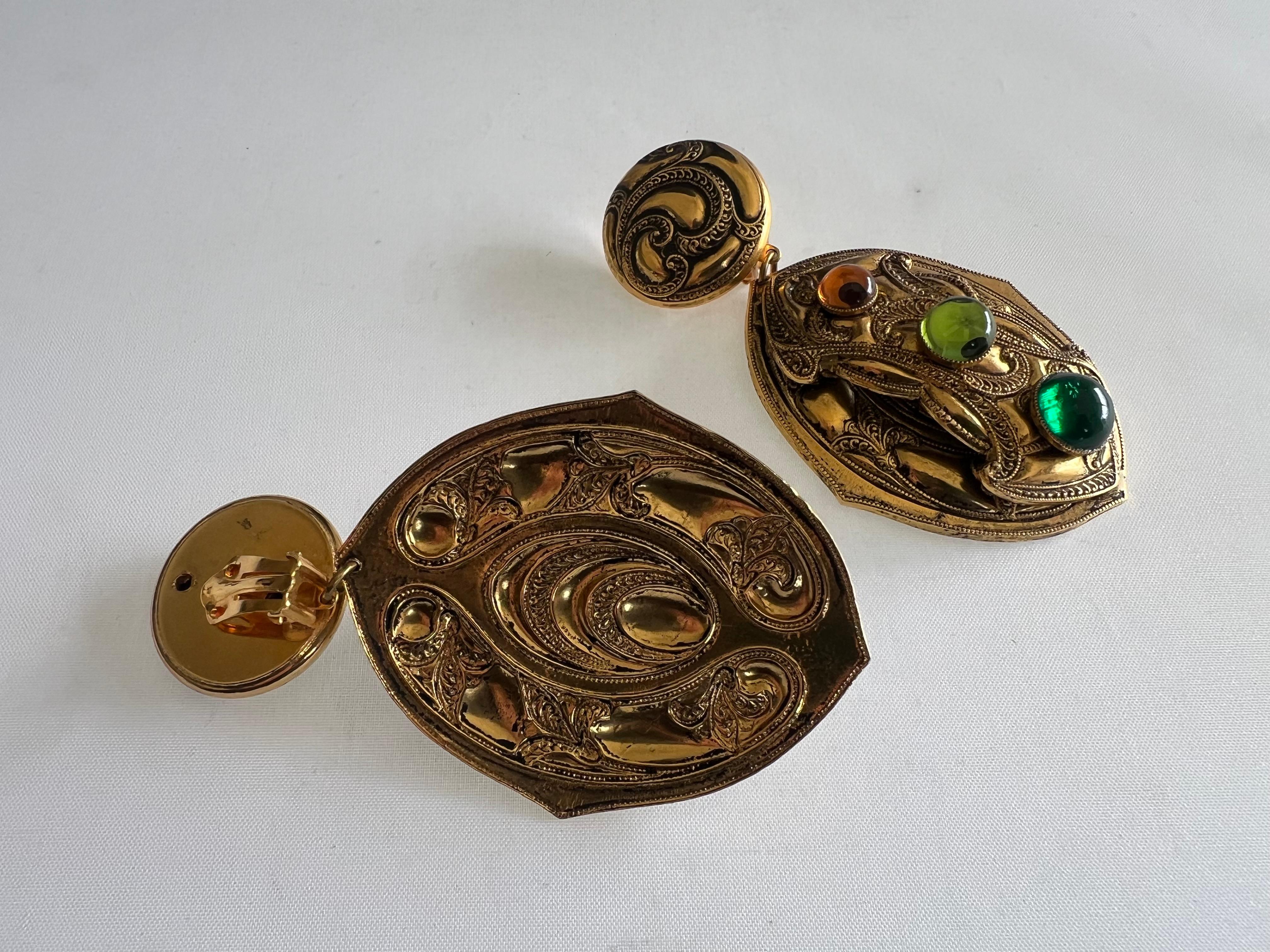 Vintage Etruscan Style Gilt Jeweled Earrings  For Sale 1