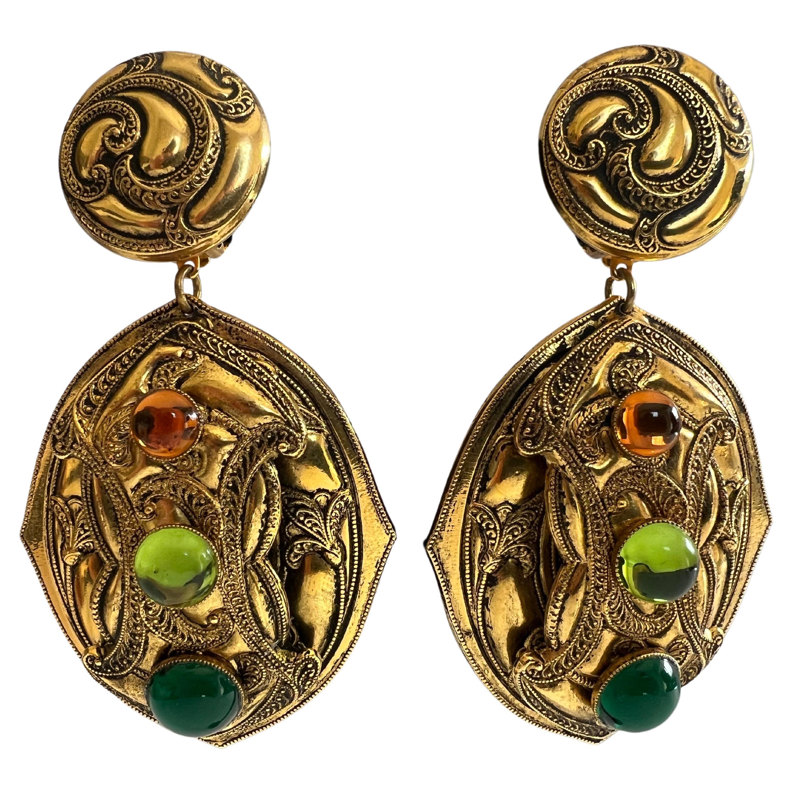 Vintage Etruscan Style Gilt Jeweled Earrings  For Sale