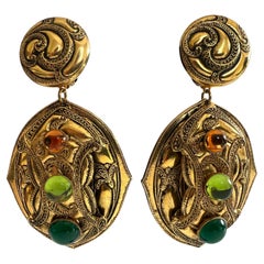 Vintage Etruscan Style Gilt Jeweled Earrings 
