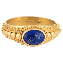 Vintage Etruscan Style Lapis Lazuli Ring 22 Karat Yellow Gold High Karat