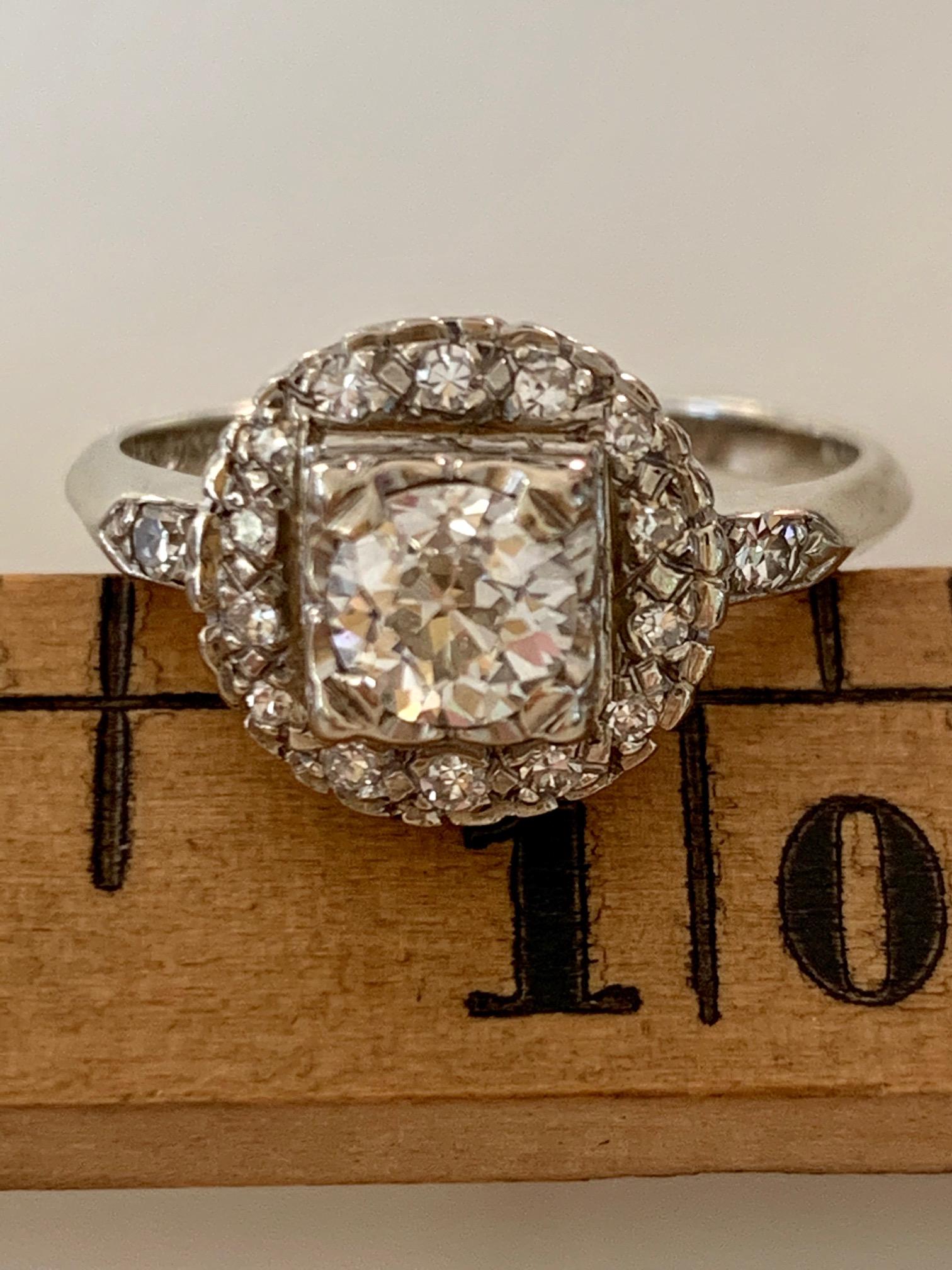 Vintage Euro Cut Diamond 14 Karat White Gold Ring - Size 7 1/4 In Good Condition In St. Louis Park, MN