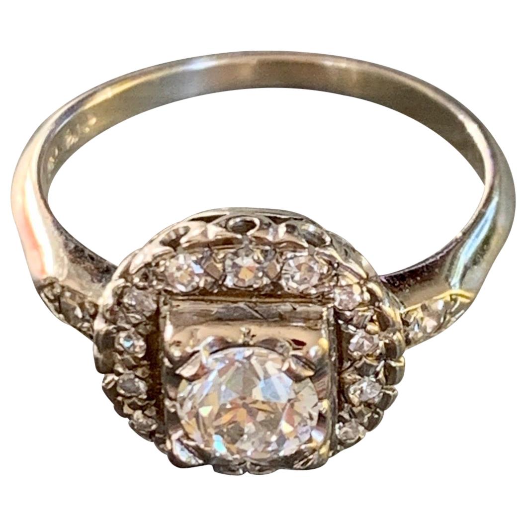 Vintage Euro Cut Diamond 14 Karat White Gold Ring - Size 7 1/4