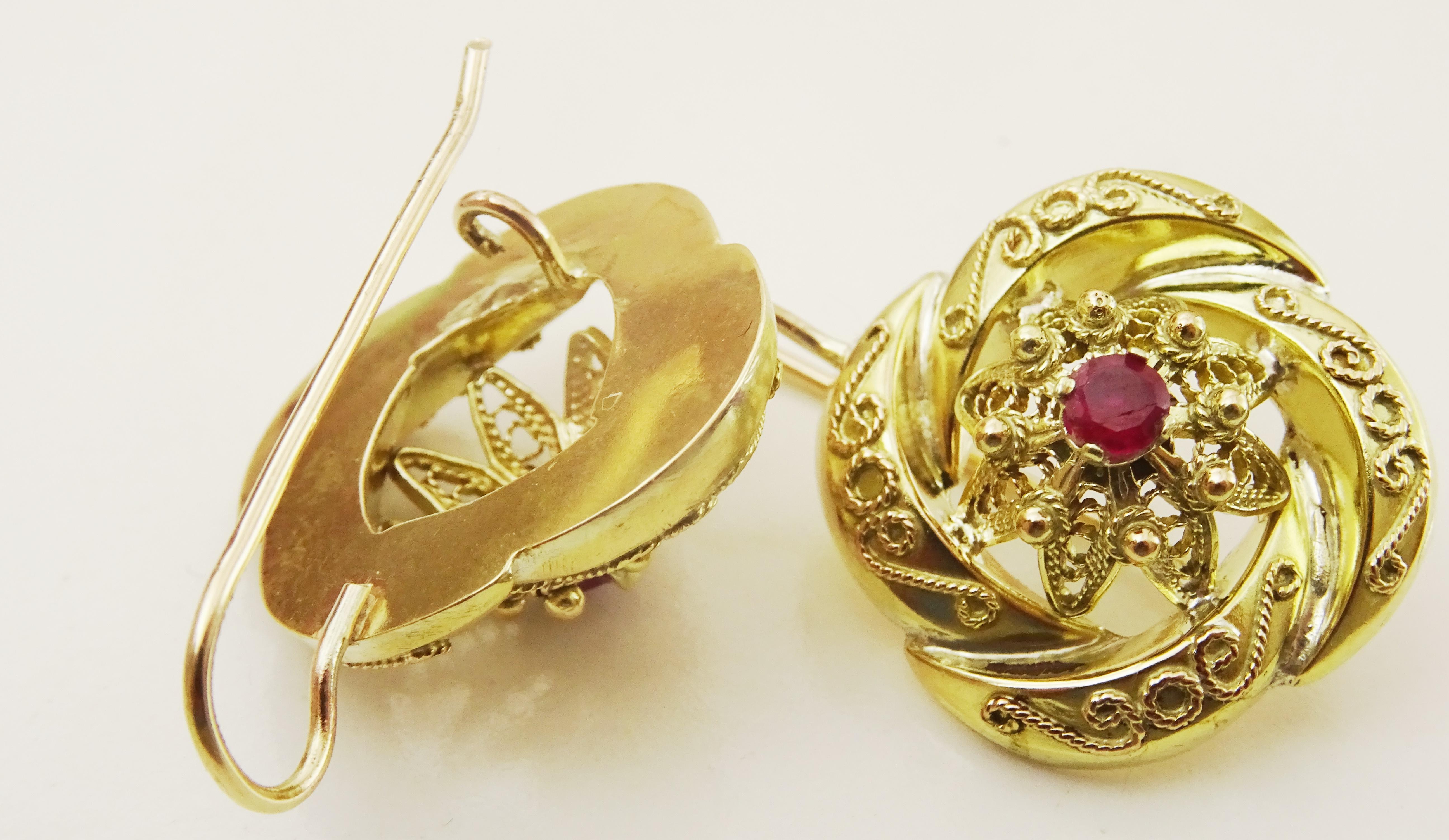 Artisan Vintage European 14 karat Gold and Ruby Handmade Earrings For Sale
