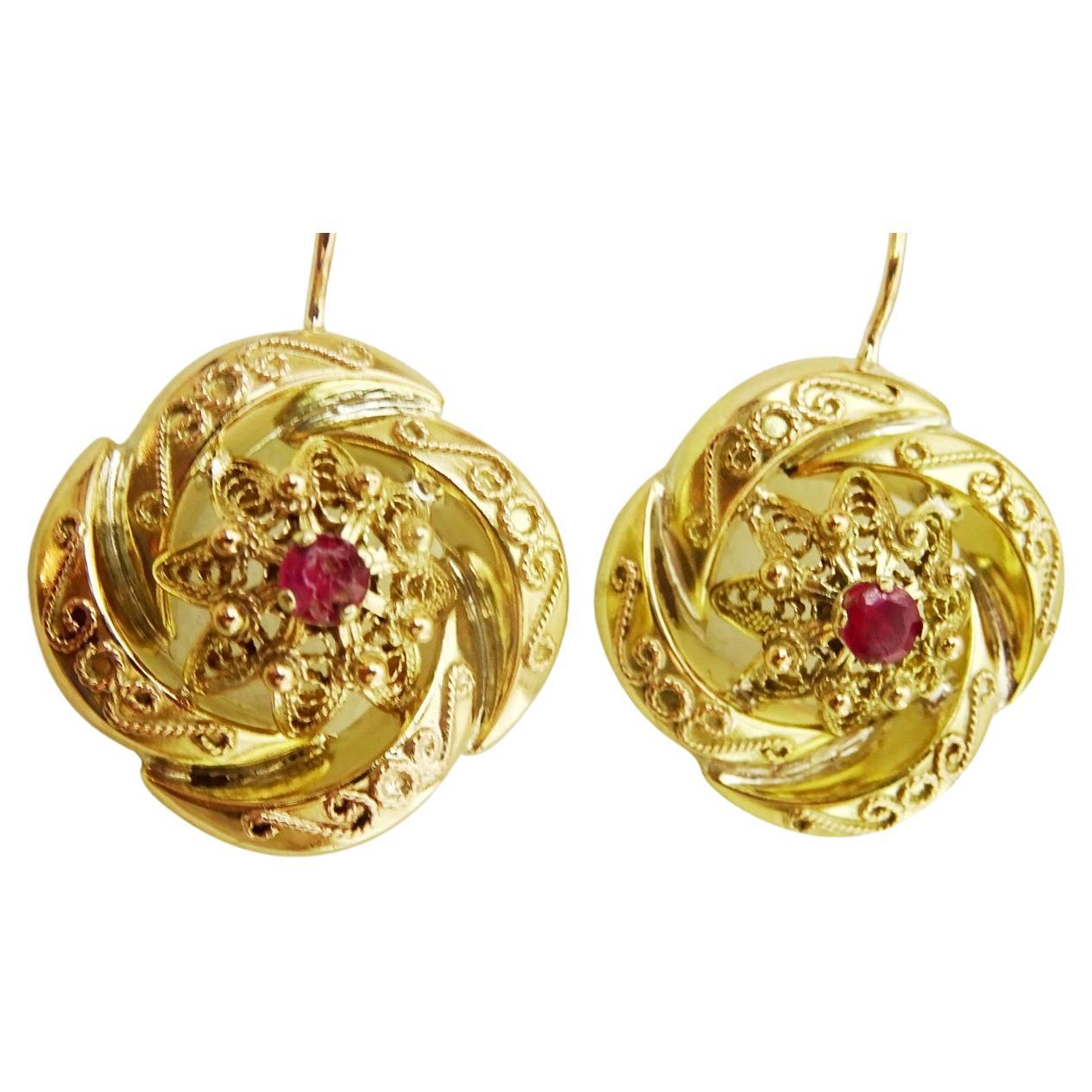 Vintage European 14 karat Gold and Ruby Handmade Earrings For Sale