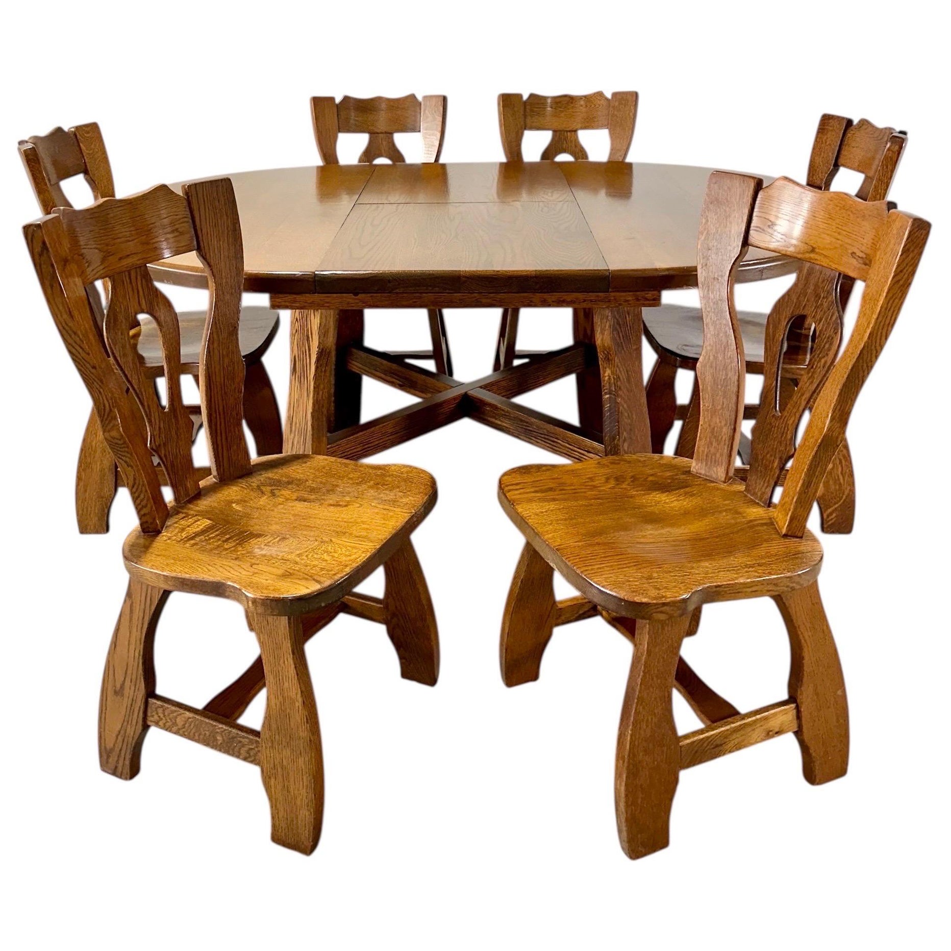 Set da pranzo vintage in rovere brutalista europeo, tavolo allungabile e 6 sedie