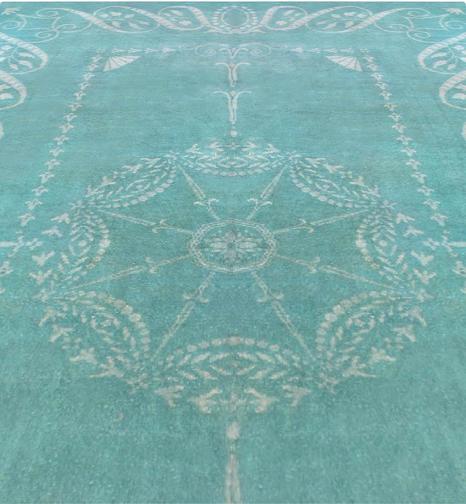 Arts and Crafts Vintage European Turquoise Handmade Wool Rug For Sale
