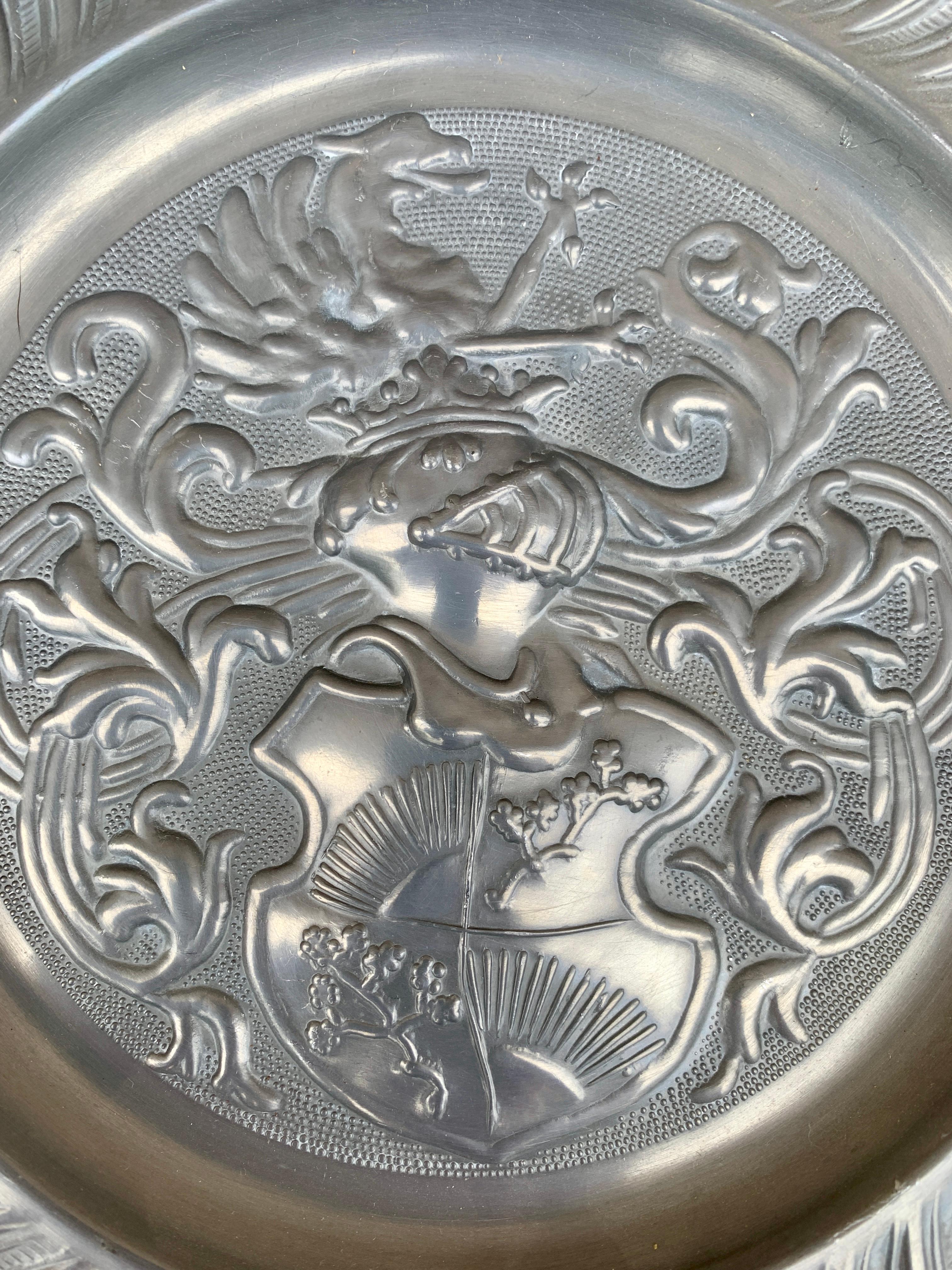 Rustic Vintage European Coat of Arms Heraldry Pewter Wall Plate For Sale