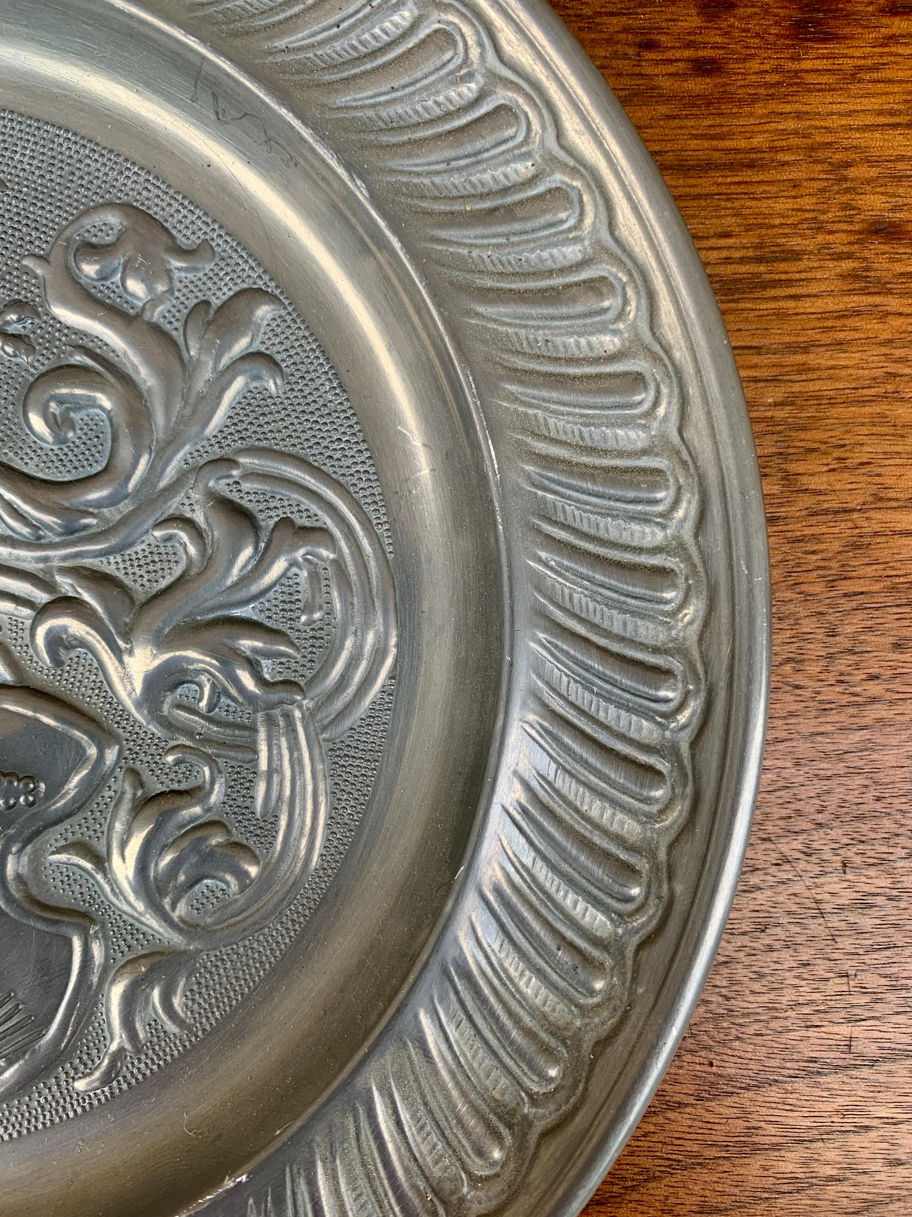 20th Century Vintage European Coat of Arms Heraldry Pewter Wall Plate For Sale