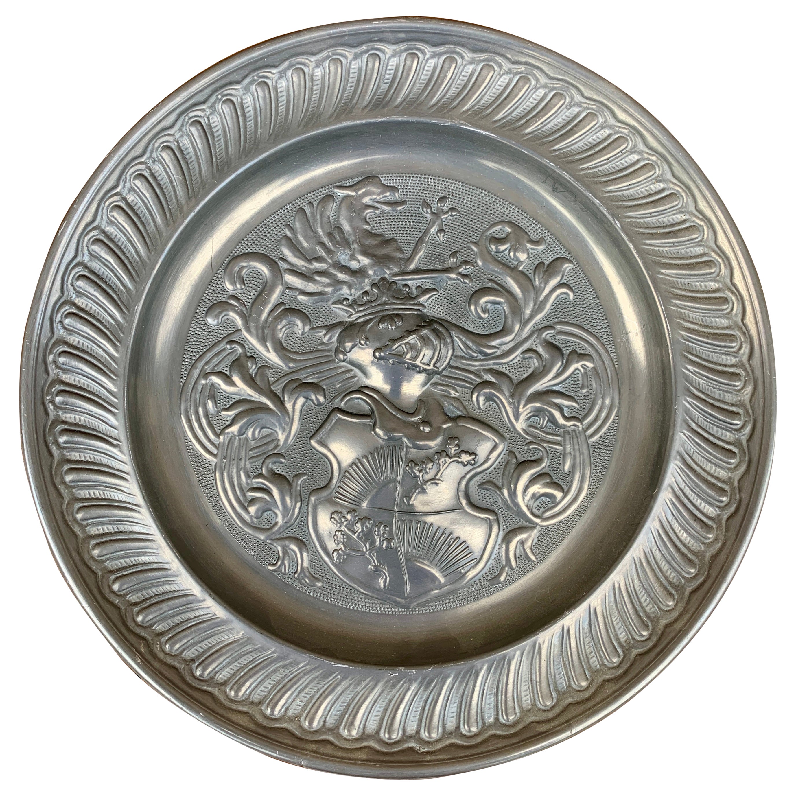 Vintage European Coat of Arms Heraldry Pewter Wall Plate