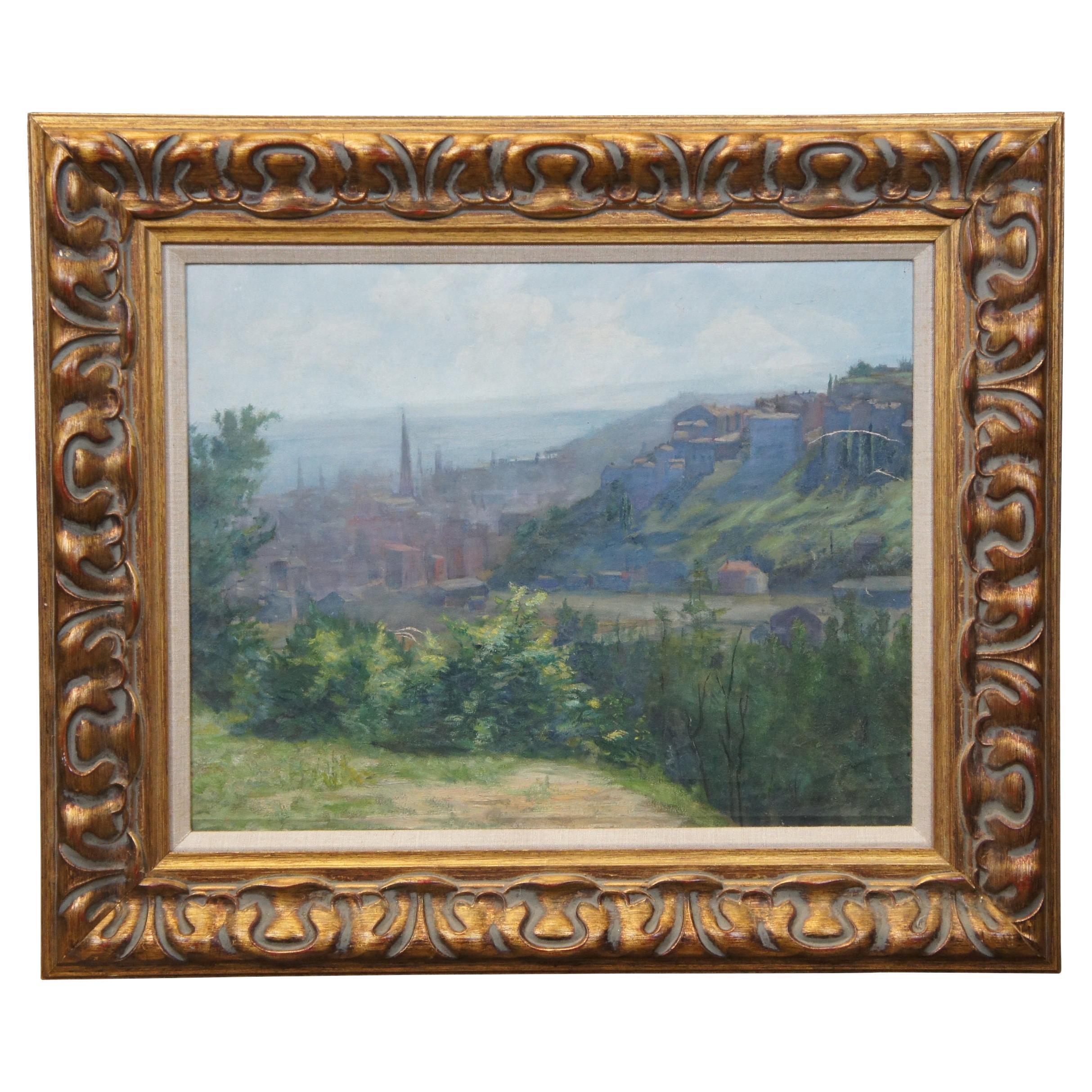 Vintage European Country Landscape Cityscape Olio su tela 29"