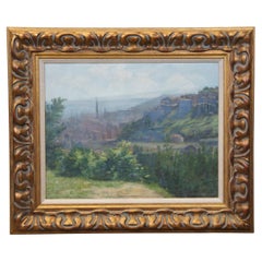 Vintage European Country Landscape Cityscape Oil Painting on Canvas 29"