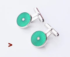 Vintage European Cuff - links Diamonds Green Enamel Sterling Silver / 9.6 gr