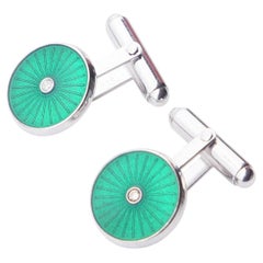 Vintage European Cuff - links Diamonds Green Enamel Sterling Silver / 9.6 gr